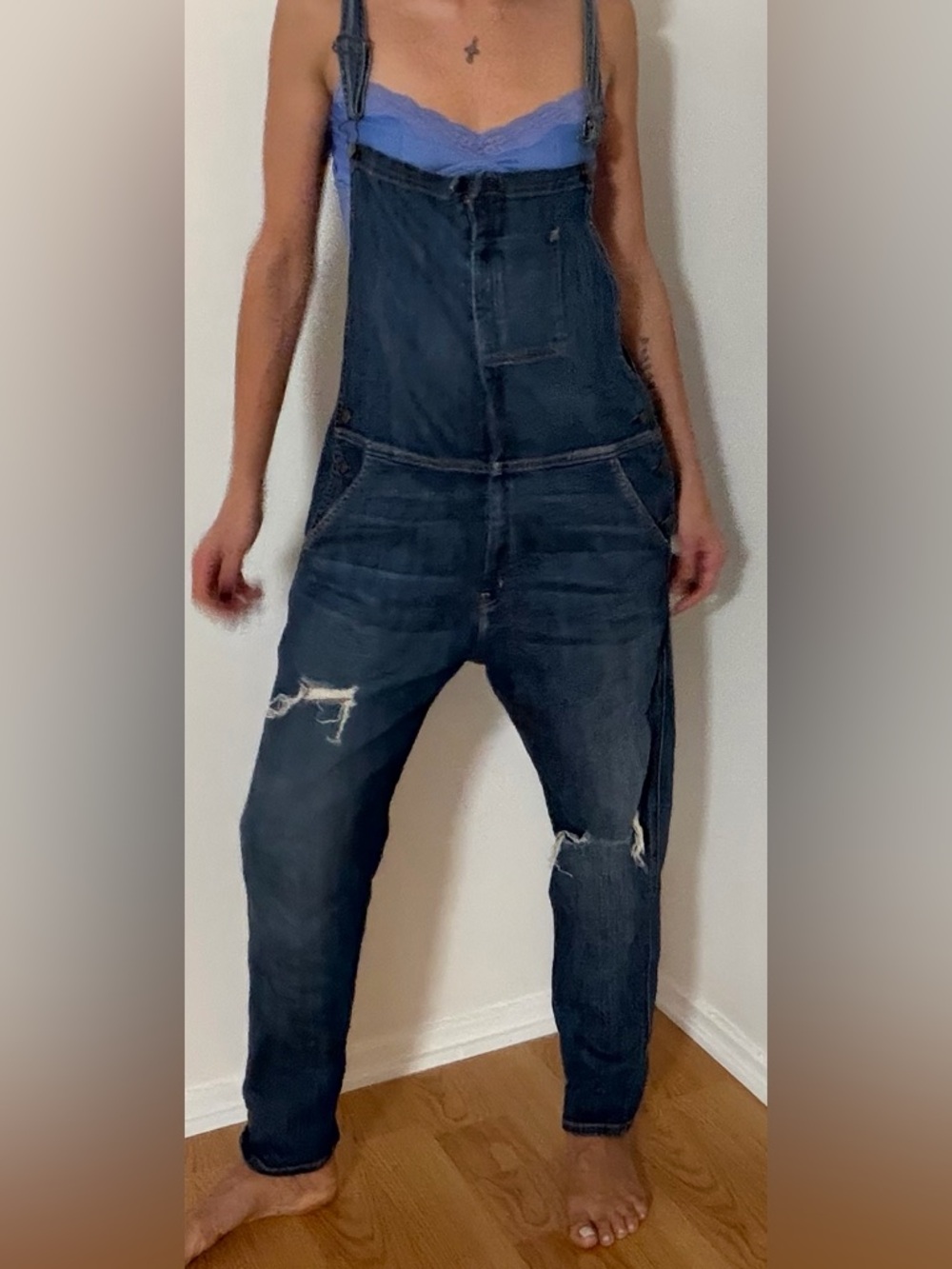 Current/Elliott Dark Blue Distressed Denim Overalls
